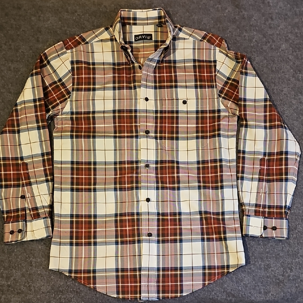 Orvis Men's Maroon and Navy Plaid Button Down Shirt